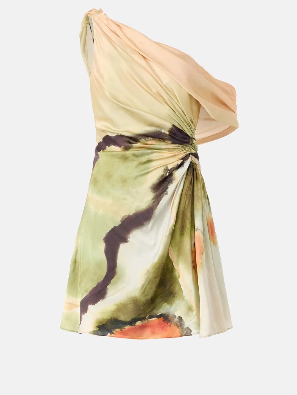 AMUR One-Shoulder Watercolor Mini Dress in Sage and Peach